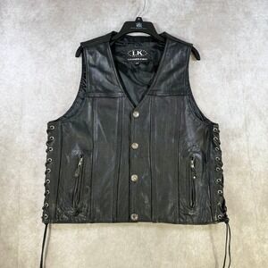 Leather King Biker Vest Men 44 Black Side Lace Buffalo Nickel Snaps Leather